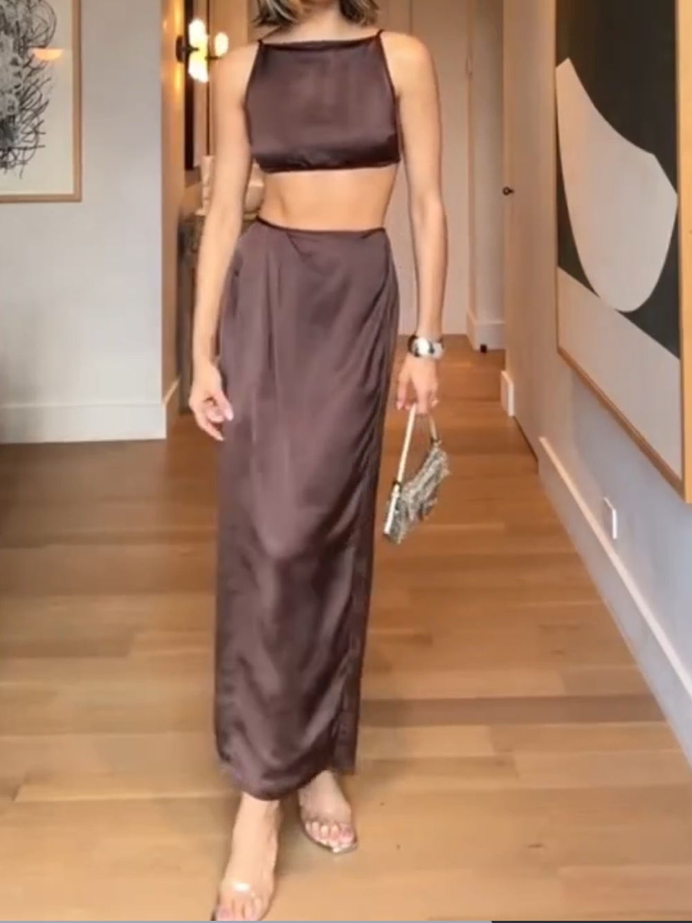 WeWoreWhat Brown Satin Crop Top & Maxi Skirt Set